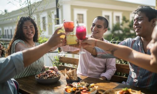 Friends on a celebratory toast at a restaurant